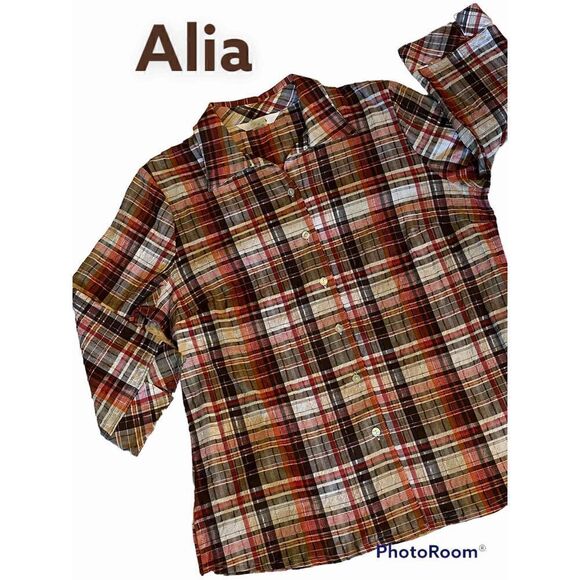 Alia SZ 12 Woman’s Stylish Soft Colorful Button Down Plaid Blouse/Top - Picture 1 of 11